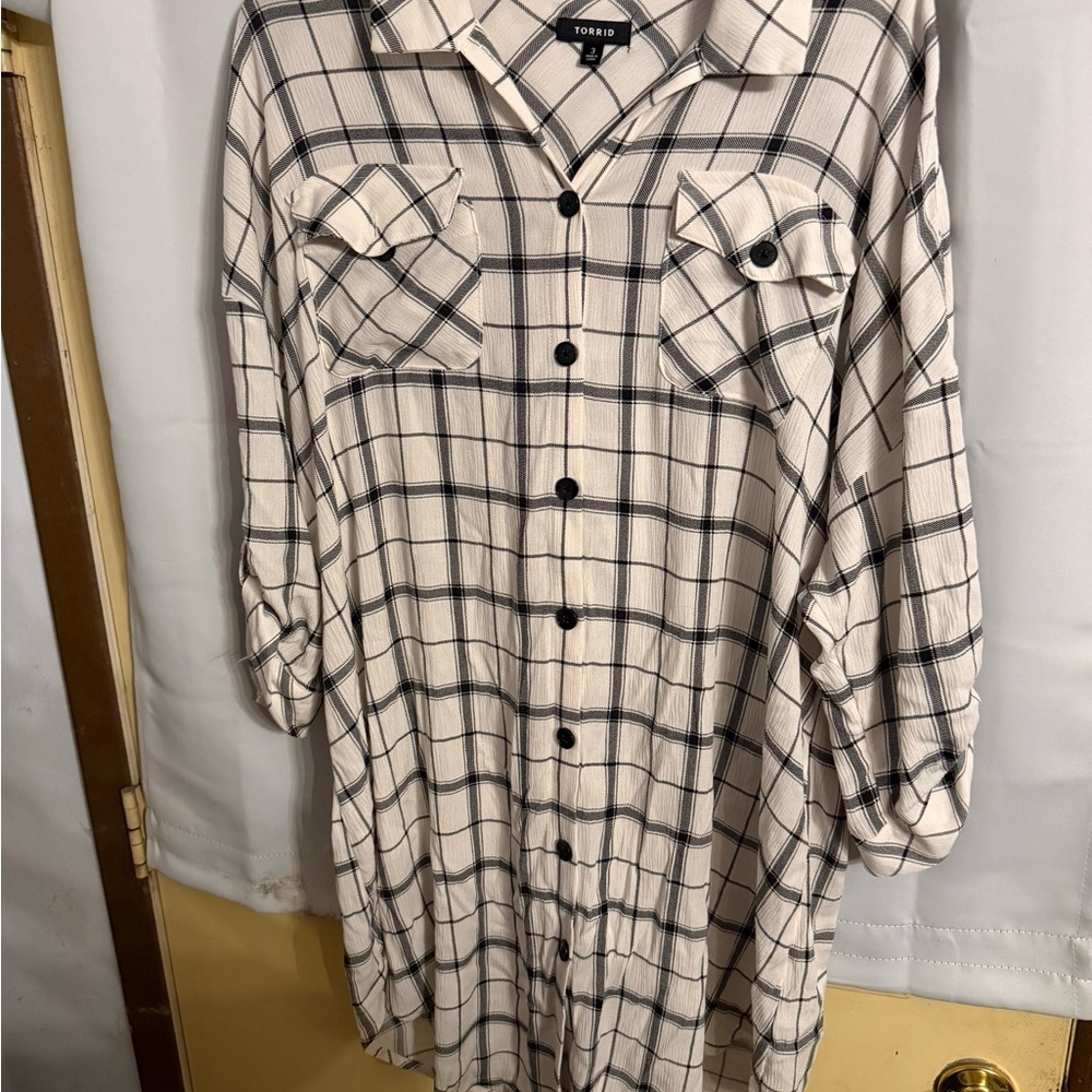 Torrid Cream and Black Plaid Shirt Dress